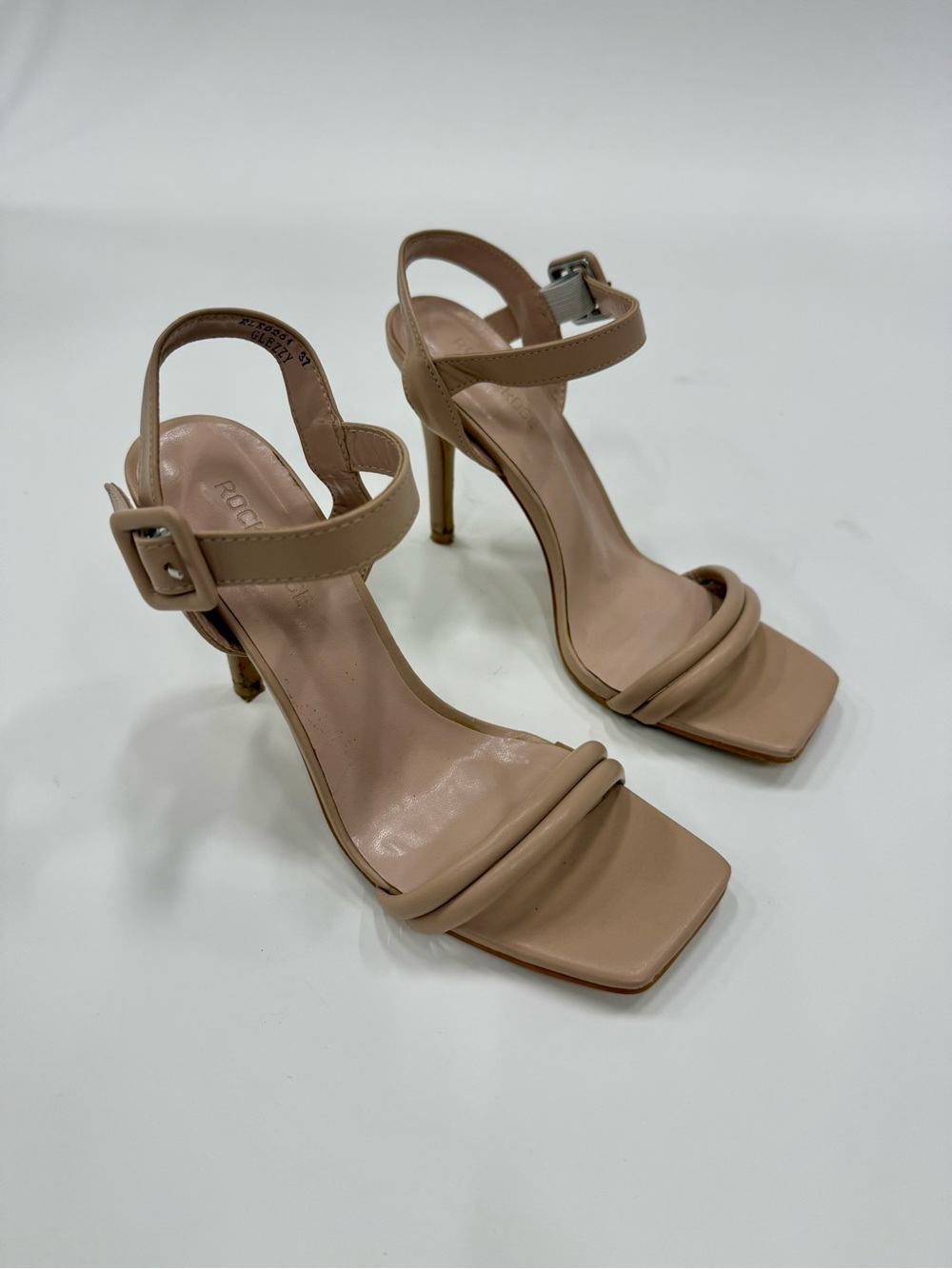 Beige Strappy Square-Toe Stiletto Sandals with Ankle Buckle